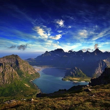 sea, VEGETATION, clouds, Mountains, Lofoten