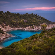 rocks, Gulf, viewes, sea, Greece, trees, VEGETATION