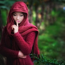 shawl, sad, jewellery, forest, make-up, girl