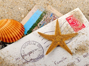 Postcards, starfish, Sand, shell