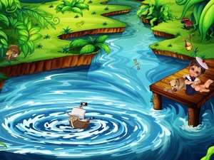 toy, Ship, dolly, River, graphics