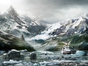 Ship, Mountains, glaciers