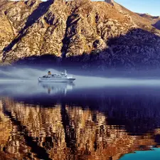 Ship, passenger, River, Fog, Mountains