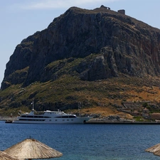 Ship, mountains, sea