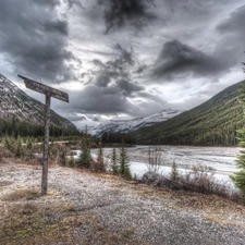 clouds, River, sign-post, Mountains