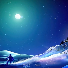 Skier, Kagaya, snow, moon, graphics