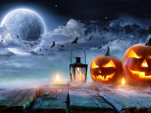 lantern, Candles, bats, Starry, moon, pumpkin, halloween, Sky