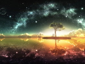 fantasy, star, trees, Sky
