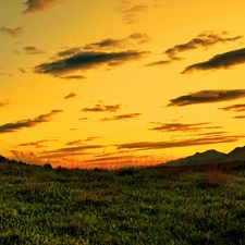 Meadow, clouds, Sky, Great Sunsets