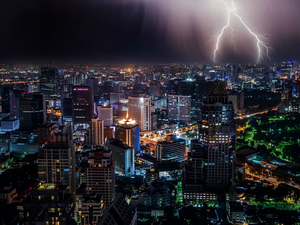City at Night, Sky, thunderbolt, Houses