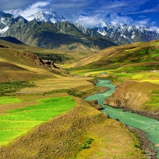 Mountains, brook, Sky, Valley