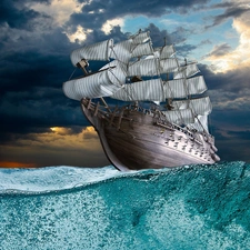 Ship, water, Sky, sails