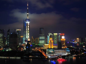 Town, skyscraper, China, Night, Szanghaj