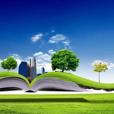 viewes, Book, skyscrapers, clouds, grass, trees