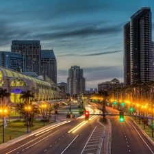 night, San, skyscrapers, clouds, Way, Diego