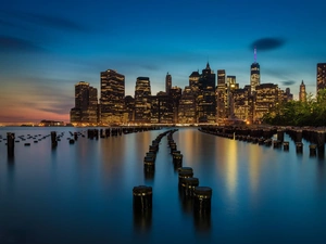 City at Night, New York, sea, Gulf, skyscrapers