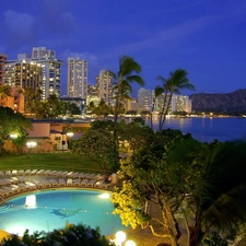 skyscrapers, Pool, Night