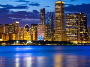 Lake Michigan, Sky, The United States, clouds, Illinois State, skyscrapers, Chicago, Dusk