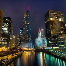 Town, illuminated, skyscrapers, Night