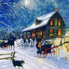 sleigh, winter, house