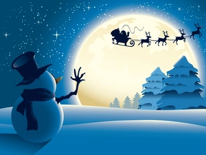 viewes, Snowman, sleigh, Santa, moon, trees