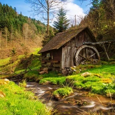 River, flux, Watermill, Stones, Hill, viewes, trees, slope