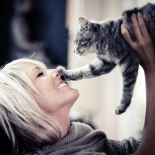 Smile, humor, Blonde, cat, Women