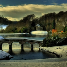 snow, lake, bridge