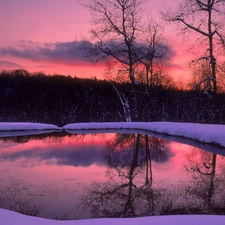 twilight, Pond - car, snow