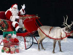 Santa, reindeer, snow, sleigh