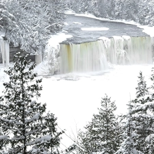 snow, frozen, waterfall