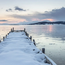 snow, winter, lake, pier, Mountains