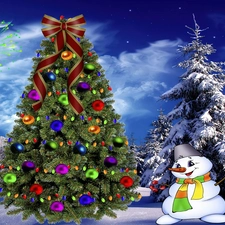 Christmas, snow, Snowman, baubles