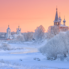 Cerkiew, trees, Russia, viewes, Duilovo, River, winter, Snowy