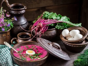 soup, Red Borscht, Flowers, eggs, jug, food, composition, Botwinka