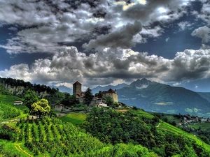 field, Mountains, Austria, clouds, Tirol, medows, village, South