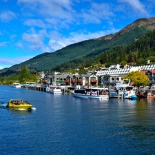 River, Mountains, spa, Motor boat