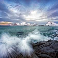 sea, Norway, Splashing, water, rocks, Lofoten
