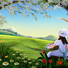 Spring, Flowers, girls, eggs, Easter