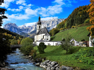 Ramsau bei Berchtesgaden, Church of St. Sebastian, Germany, River Ramsauer Ache, Bavaria, Berchtesgaden National Park, Alps Mountains, bridge