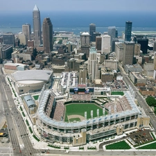 panorama, skyscrapers, Stadium, town