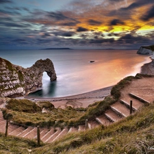 Stairs, descent, sea, rocks, Sky