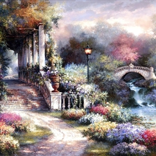 brook, picture, Flowers, James Lee, Stairs, bridges