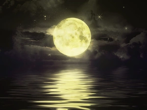 moon, clouds, water, star
