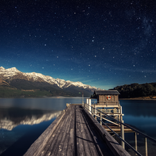 star, Platform, Mountains, Night, lake