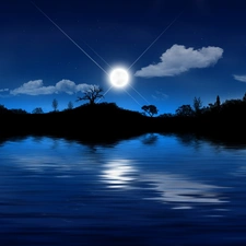 star, reflection, lake, moon, Night