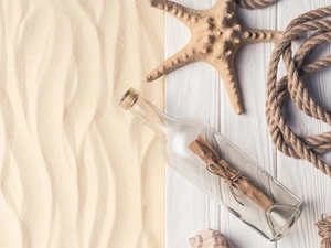 Bottle, boarding, summer, starfish, Sand, line, composition