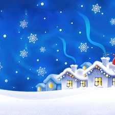 Santa, snow, Stars, Houses