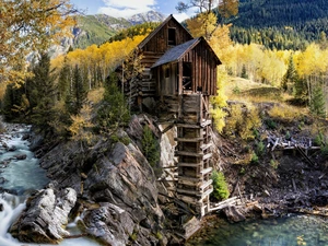 autumn, The United States, Crystal River, rocks, Crystal Mill, State of Colorado