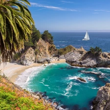 trees, rocks, California, sea, The United States, Palm, McWay Cove, viewes, Coast, Julia Pfeiffer Burns State Park, Yacht, VEGETATION, Gulf